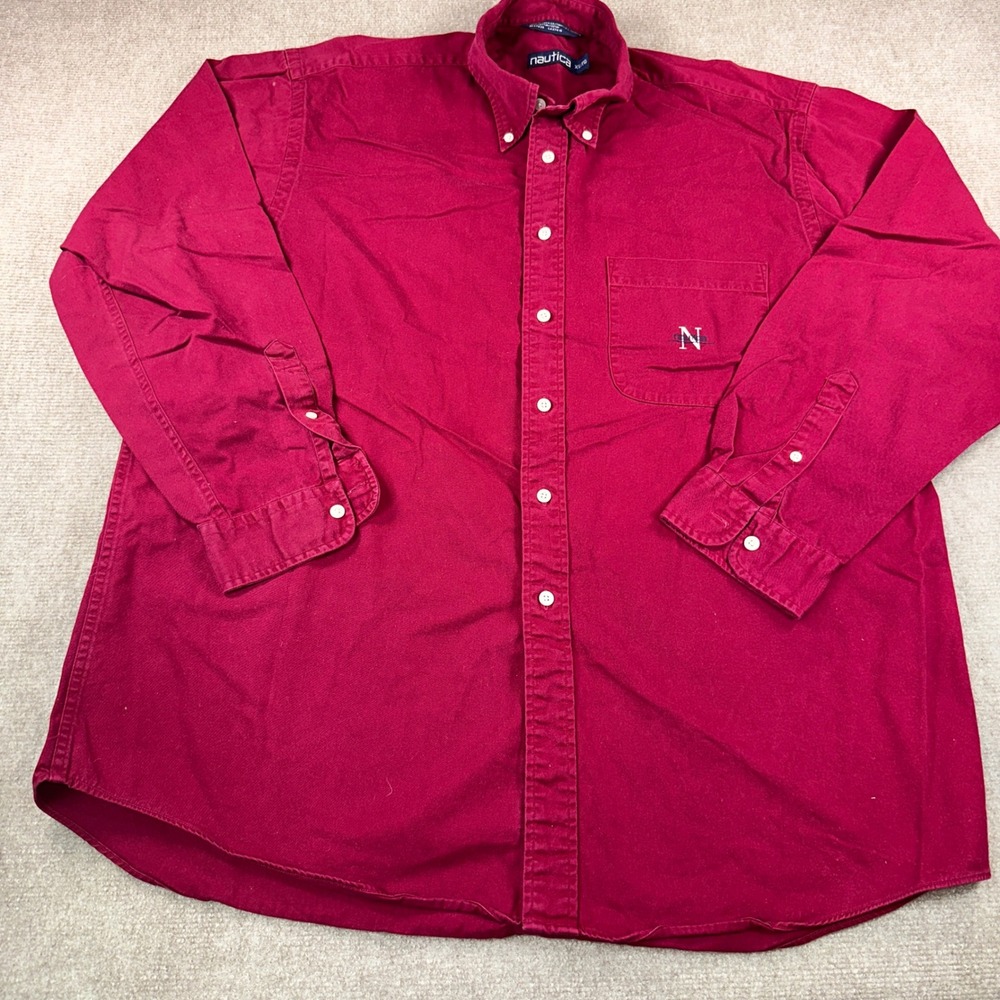 Nautica Mens XL Red Long Sleeve Button Down Cotton Shirt Embroidered Logo 6945